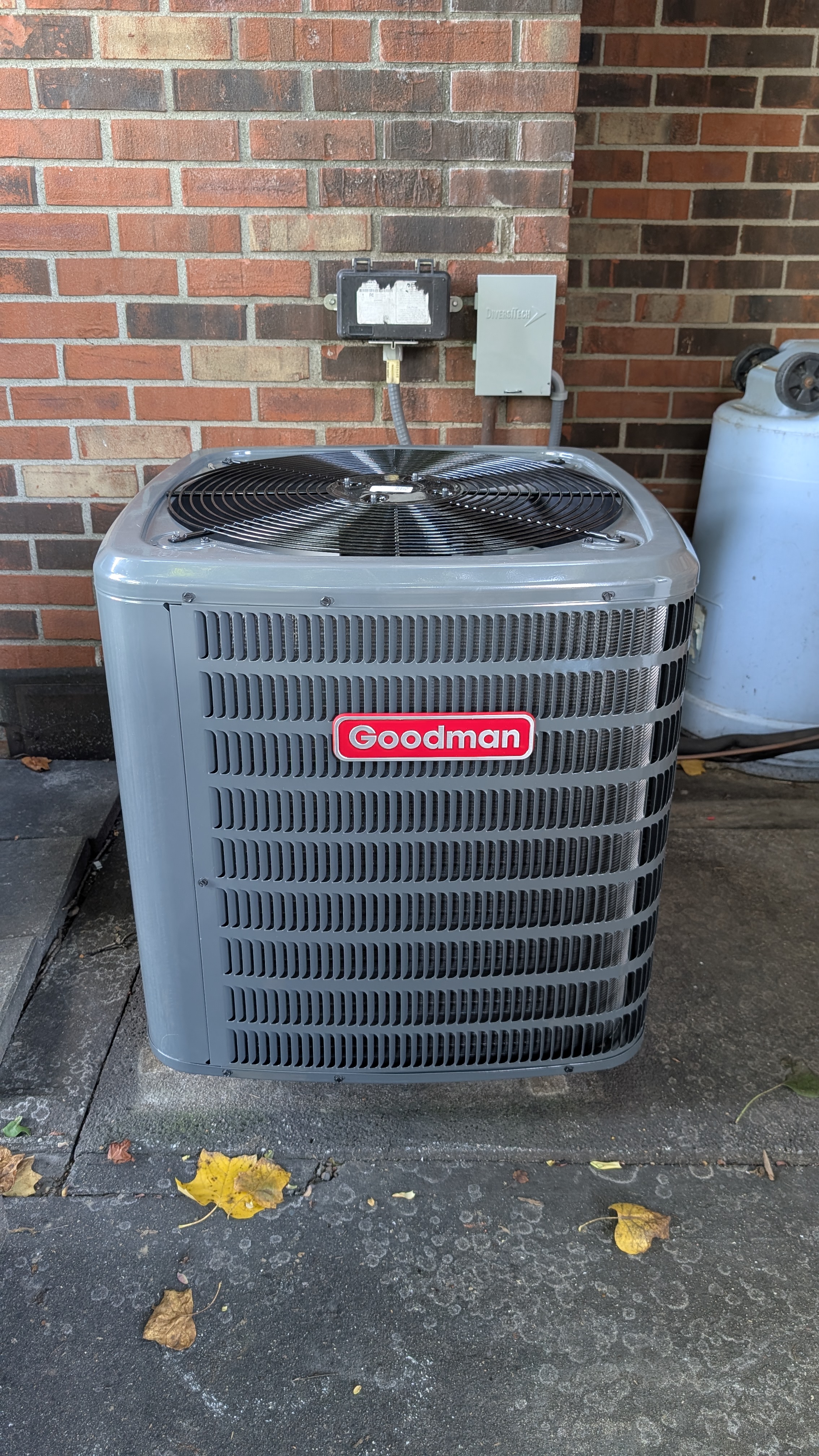 New Goodman central AC condenser installed at Jeffersonville Indiana home after HVAC replacement