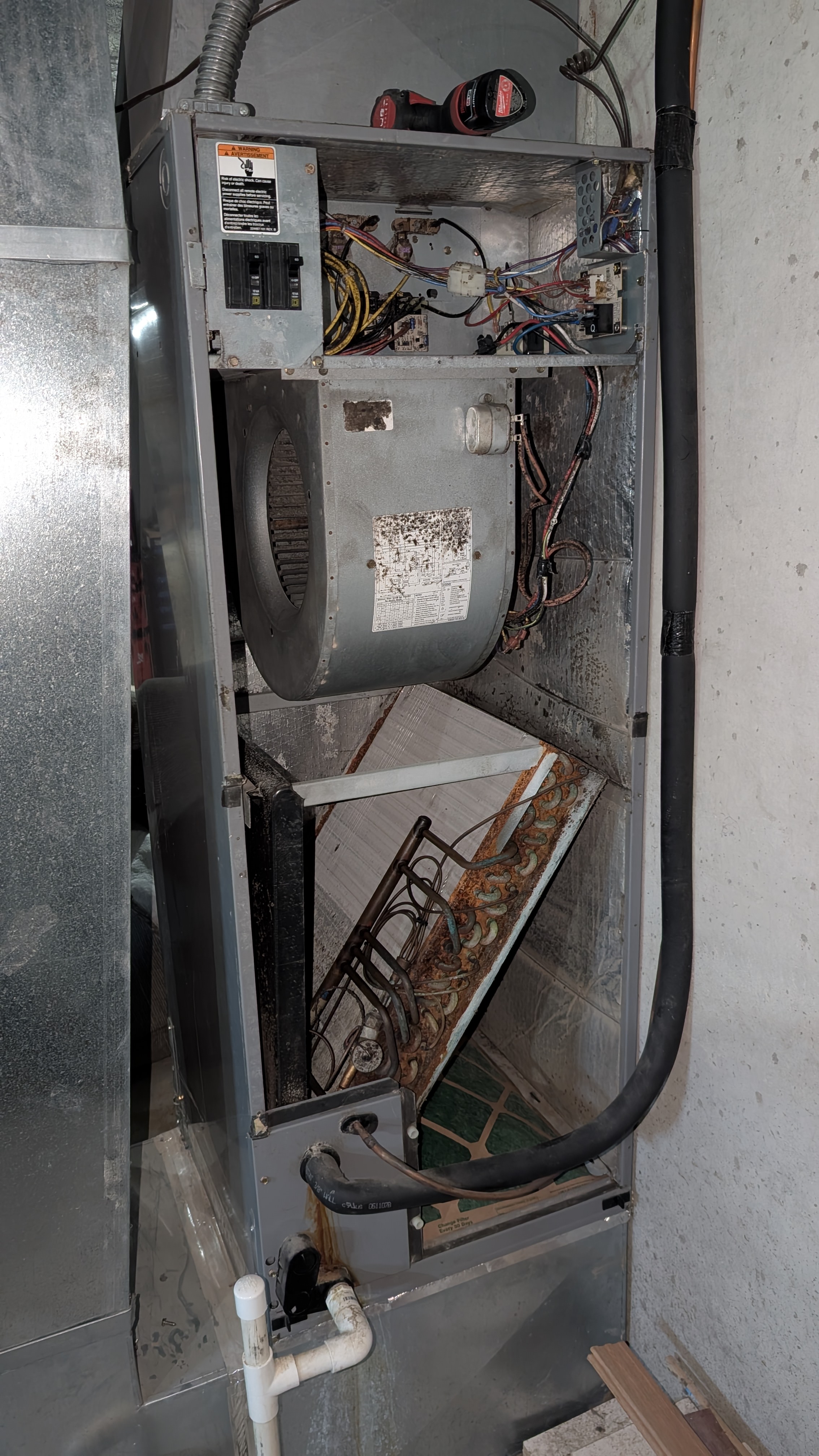Full open air handler showing blower motor and failed evaporator coil Memphis Indiana