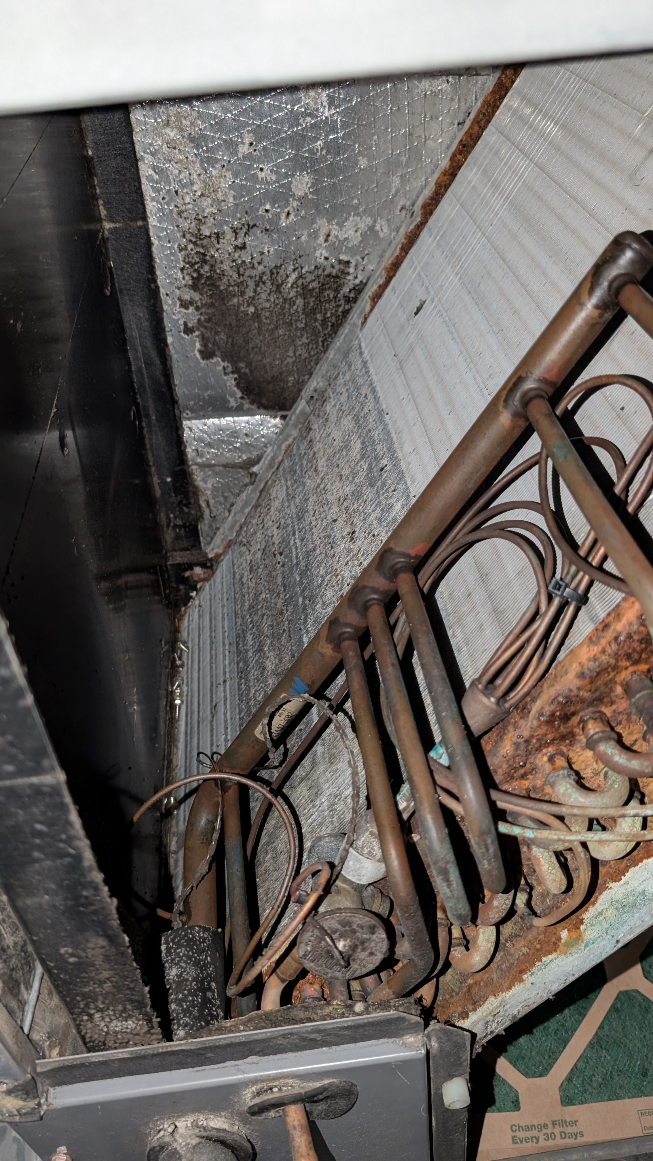 Severely corroded copper refrigerant lines and coil inside failed air handler Memphis Indiana