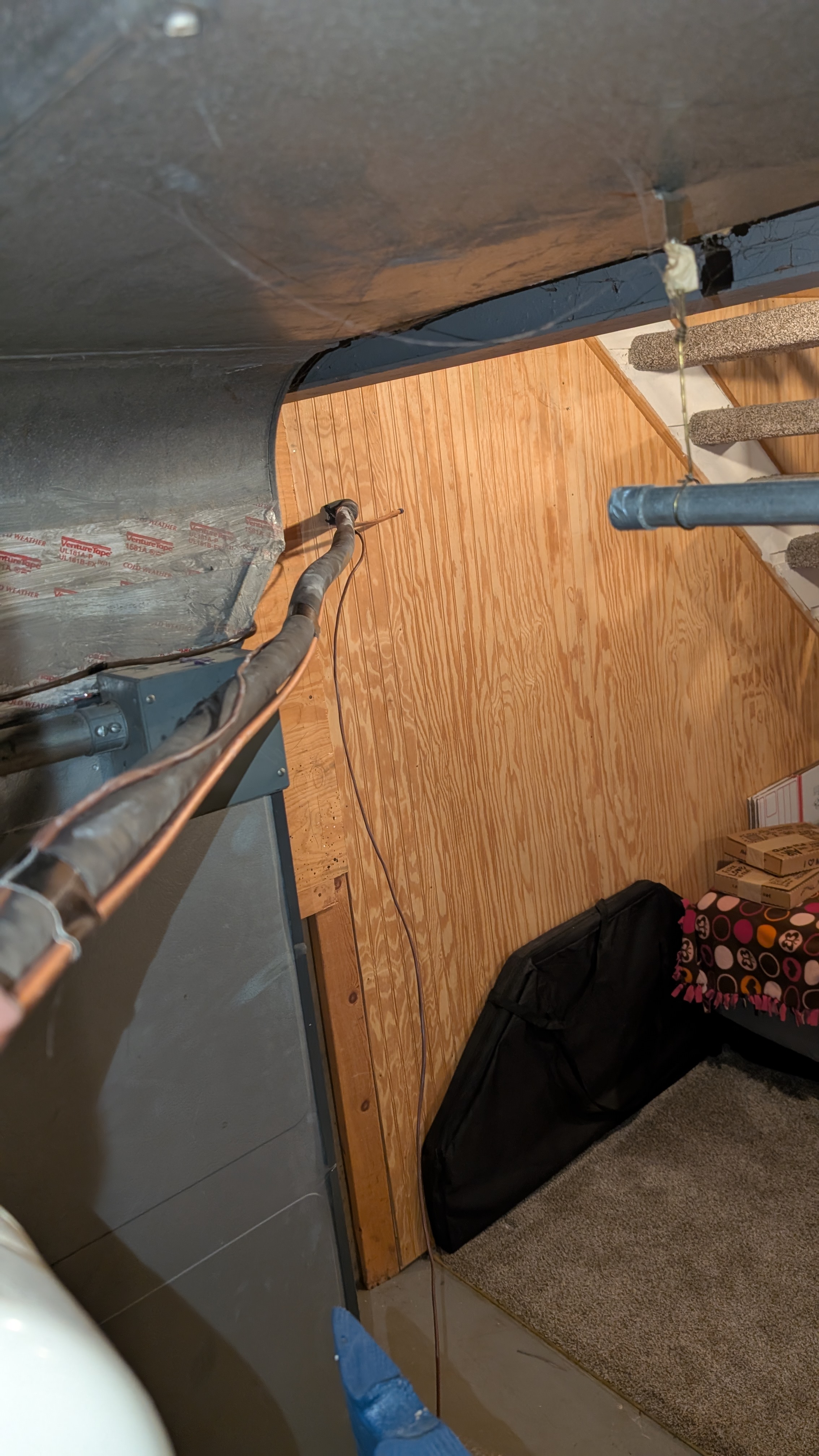 Refrigerant line set routed through attic ceiling space during HVAC installation