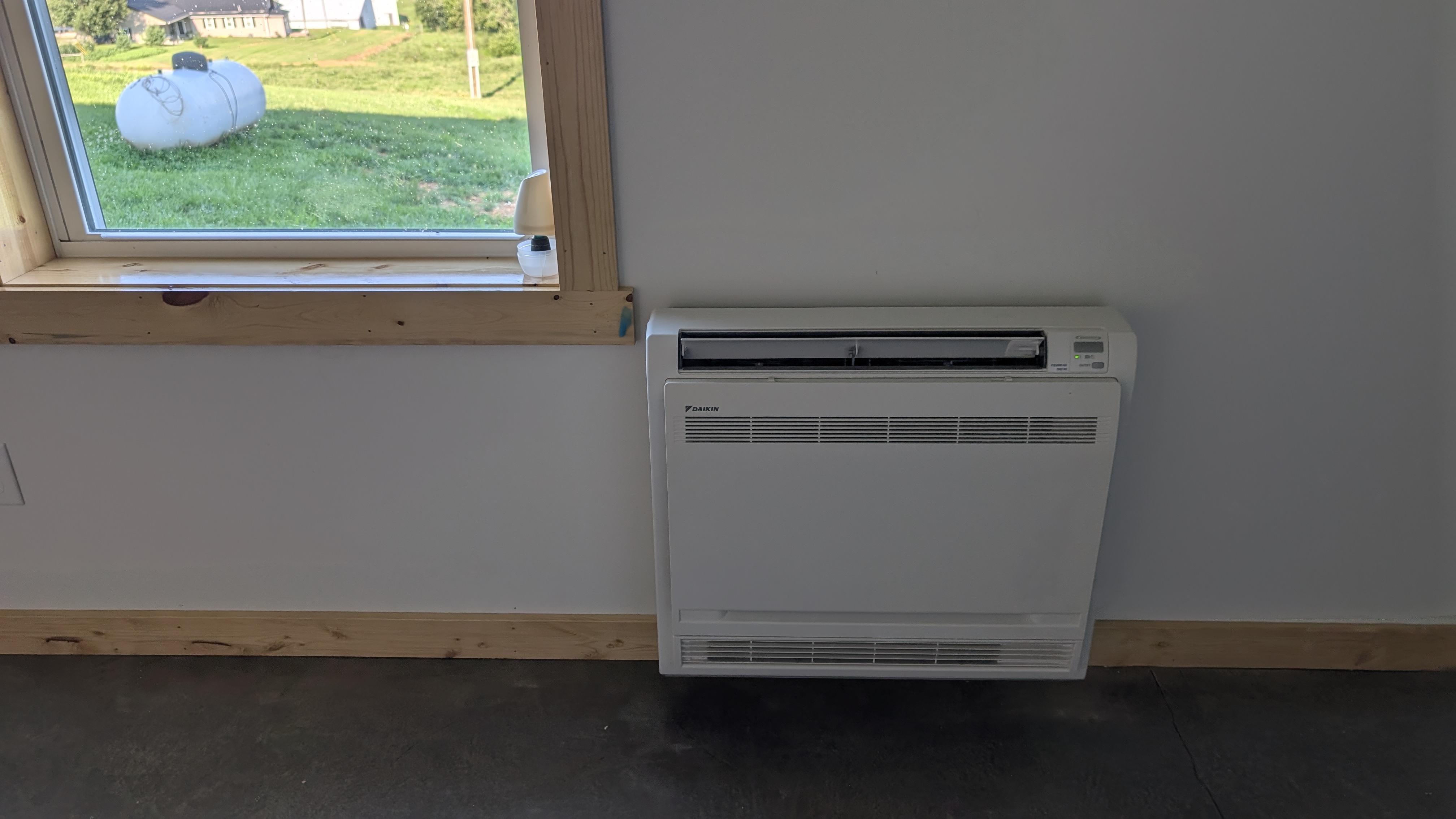 Daikin floor-console mini-split wide angle view inside finished Washington County Indiana barn room