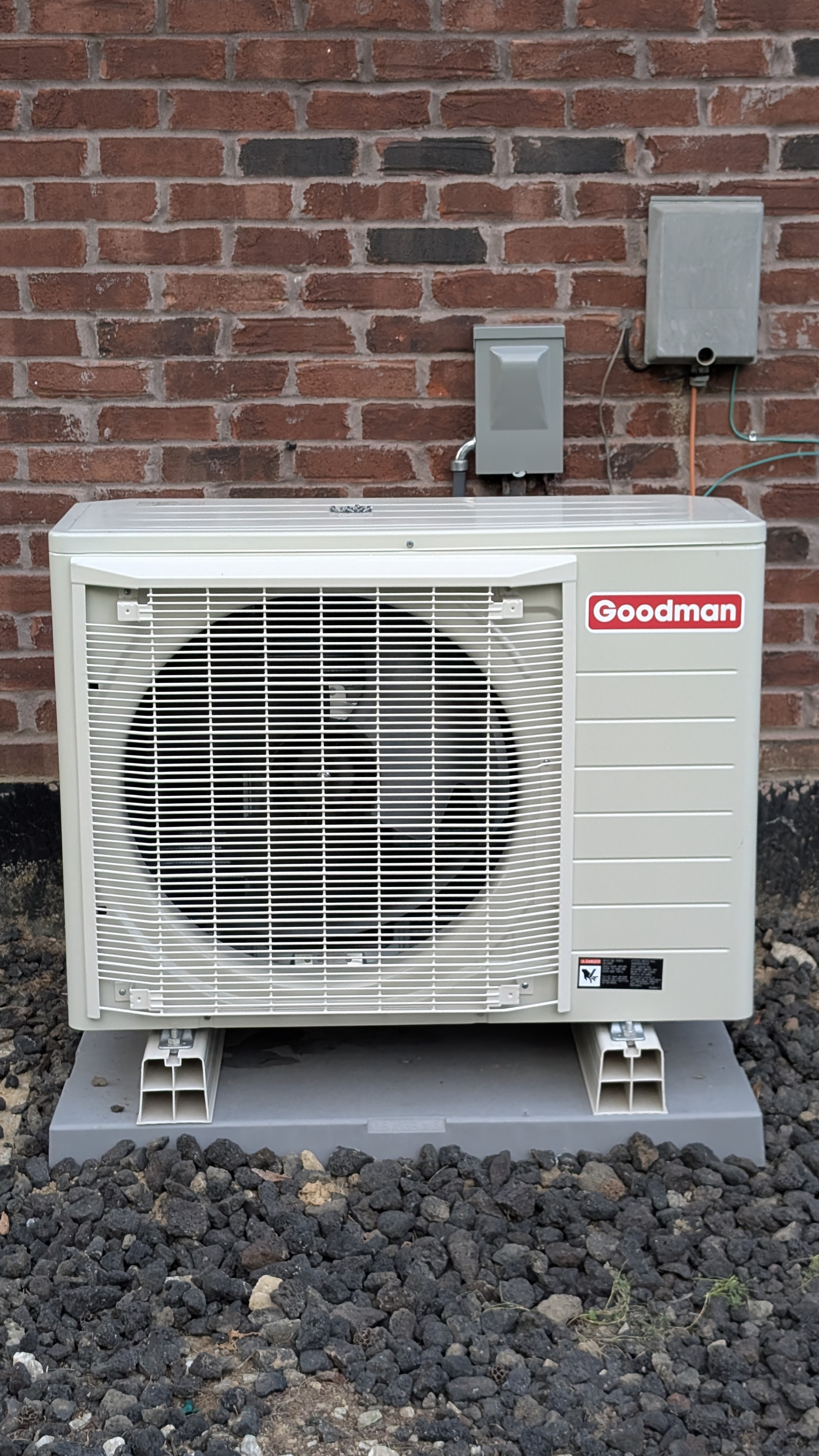 Goodman mini-split outdoor unit completed install close-up Memphis Indiana