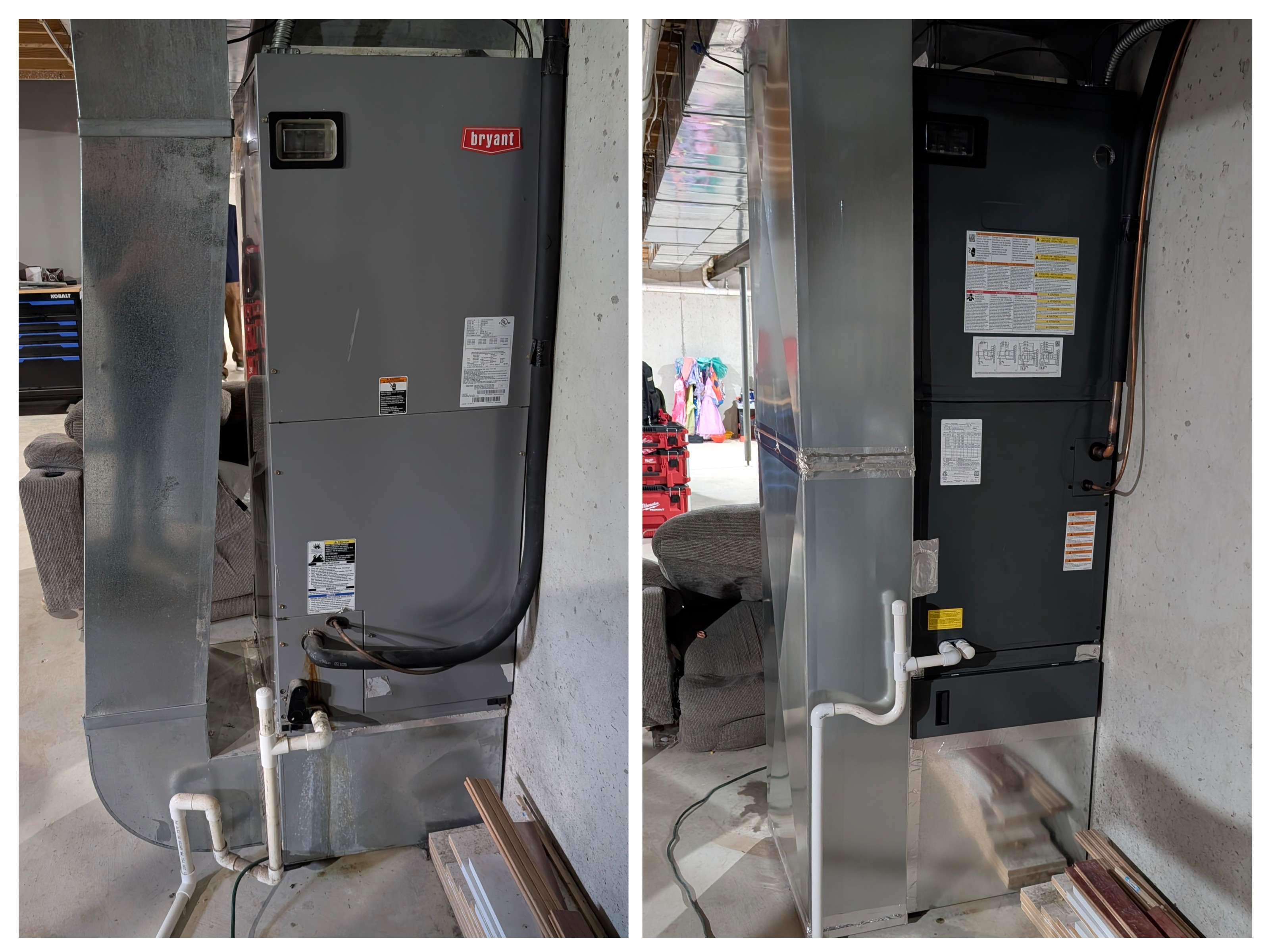 Before and after Bryant air handler replacement with new mini-split air handler in basement
