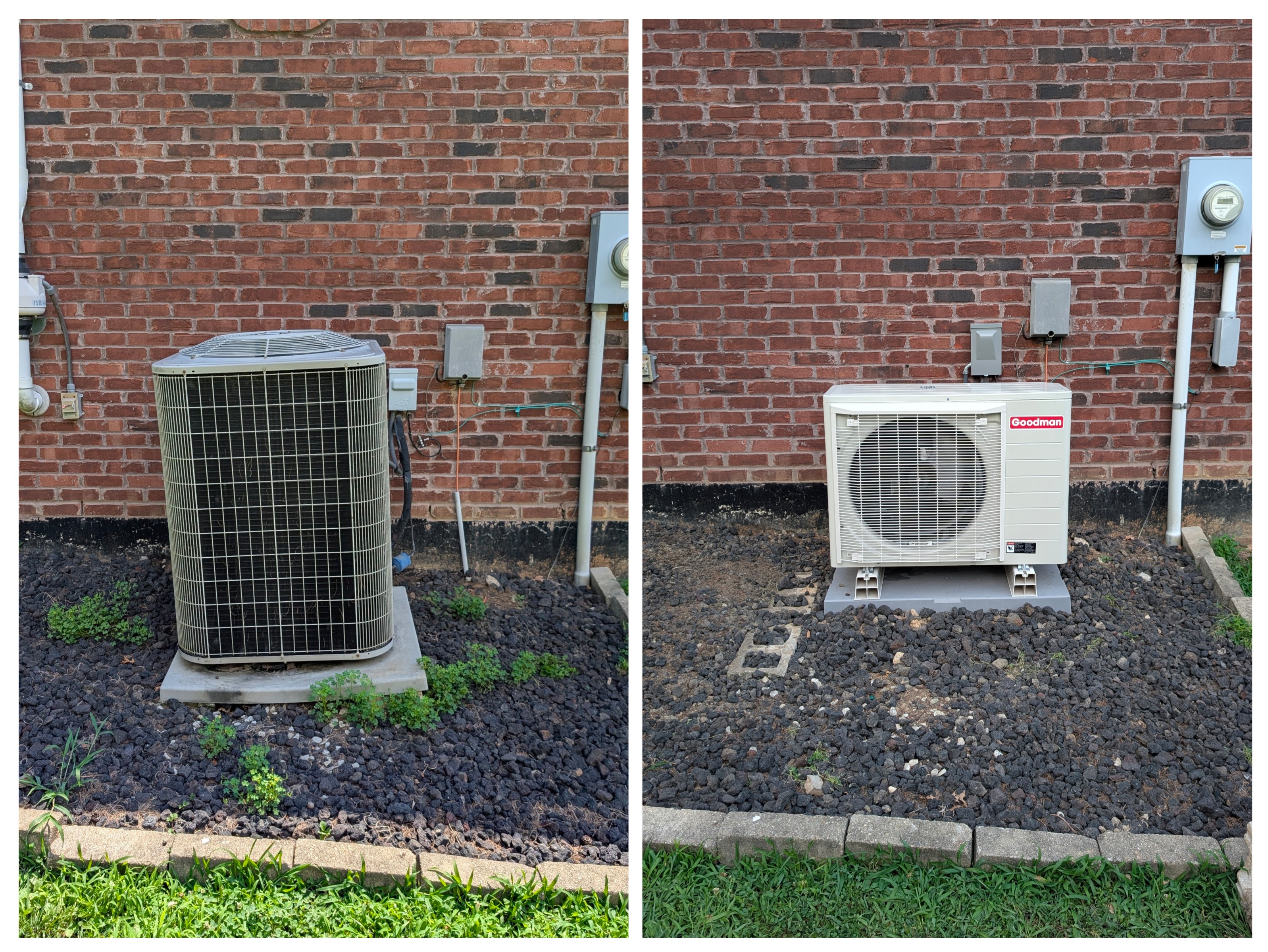 Side-by-side before and after Goodman ductless outdoor unit installation on brick home exterior
