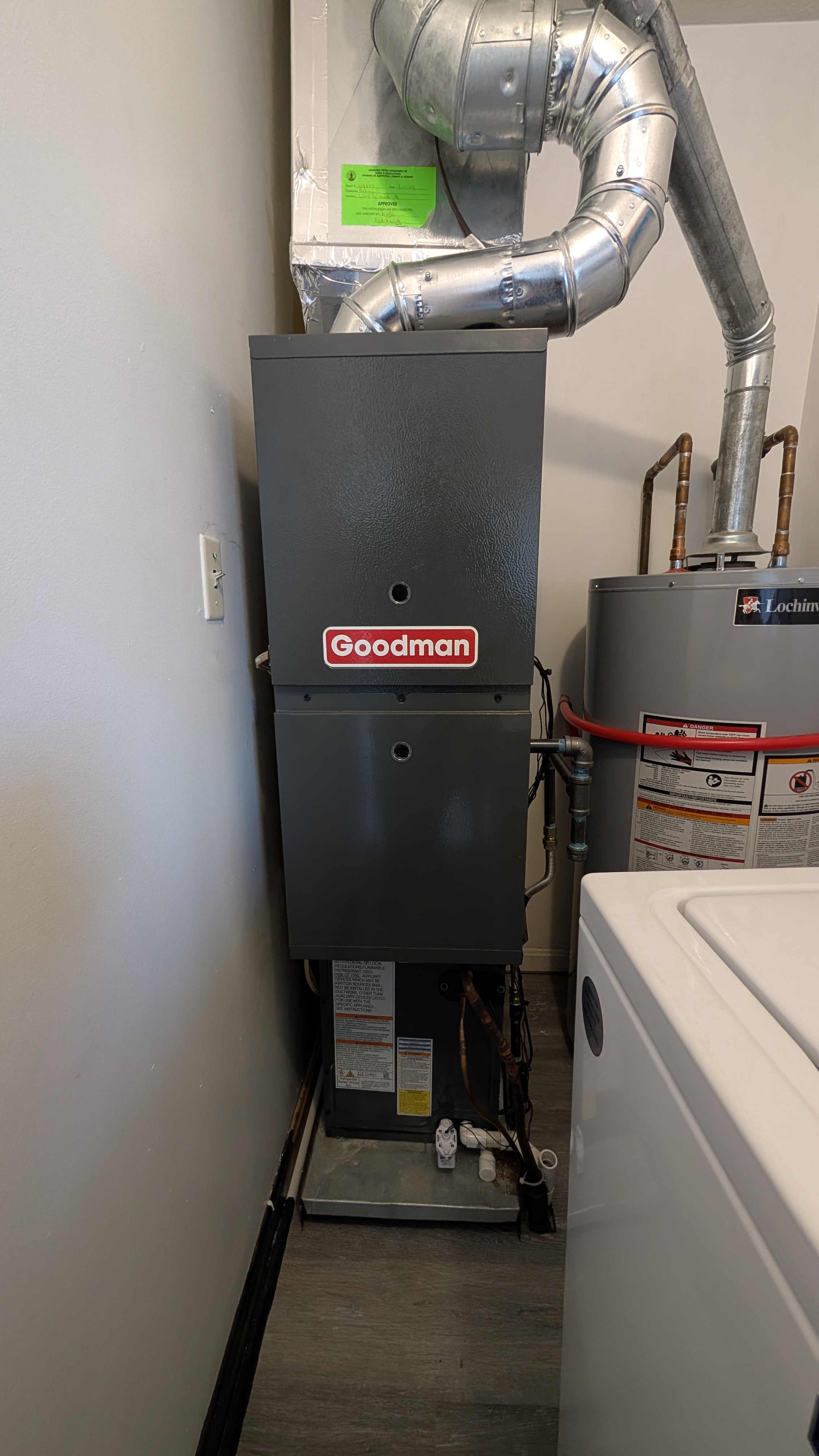 Goodman furnace and air handler full view with inspection tag install