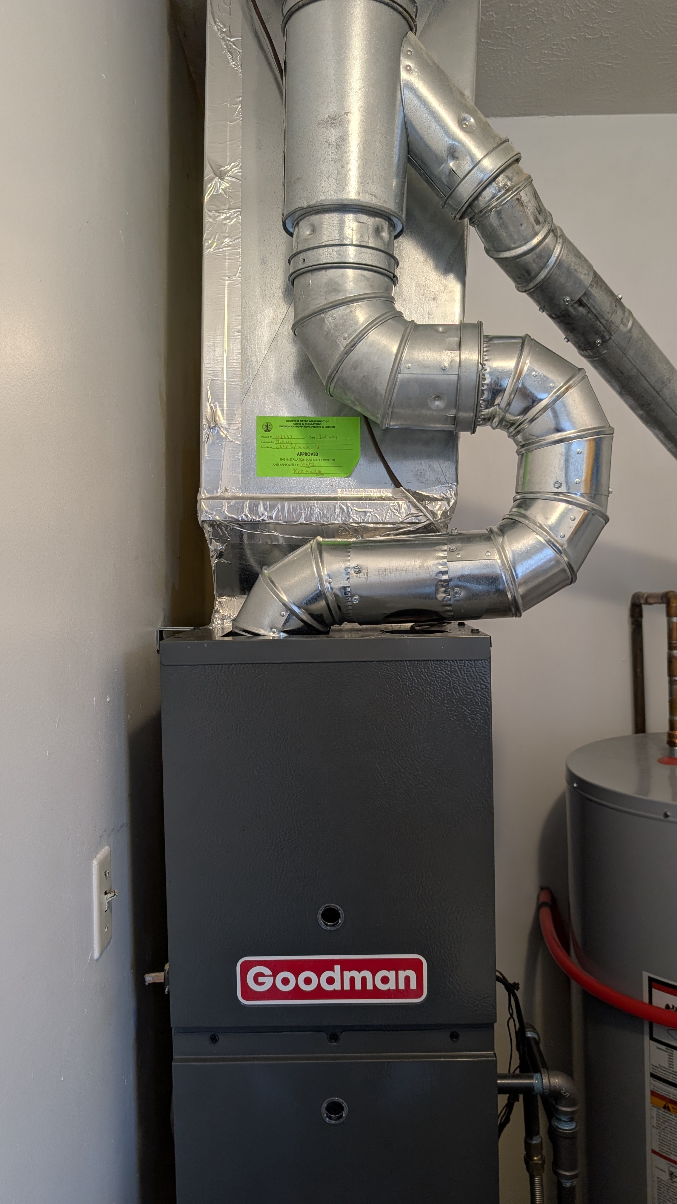 Goodman furnace ductwork connections and inspection tag detail install